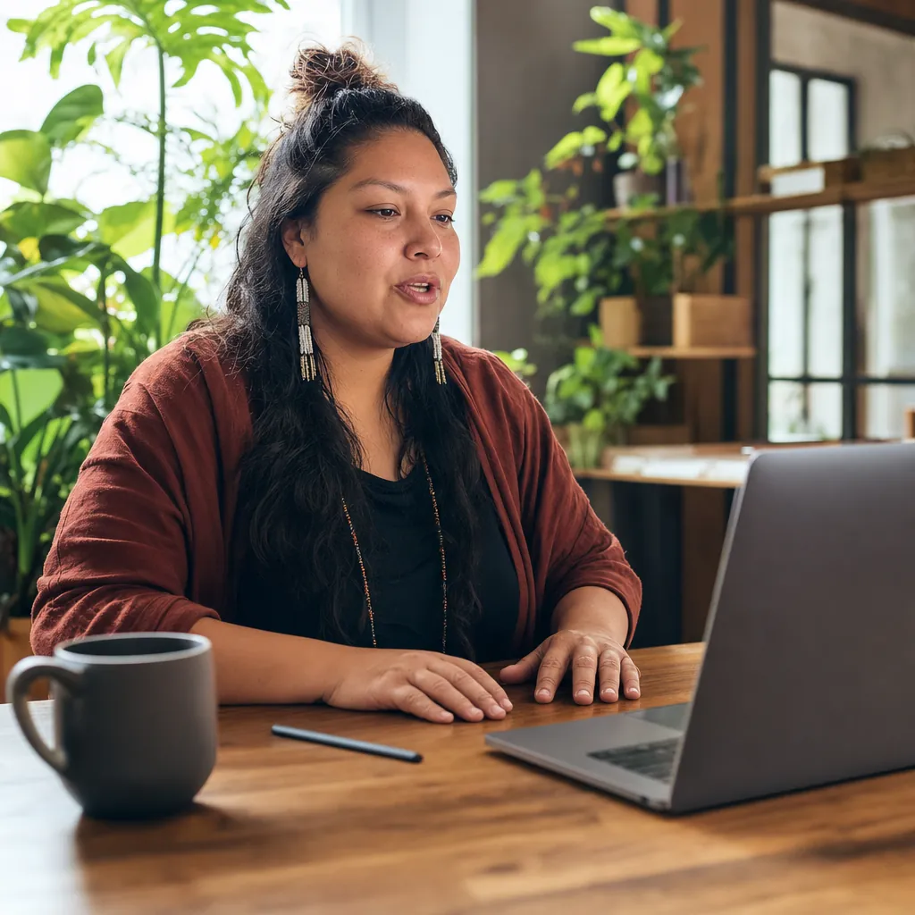 A woman speaks while sitting at a wooden table with an open laptop, in a sunlit room full of plants