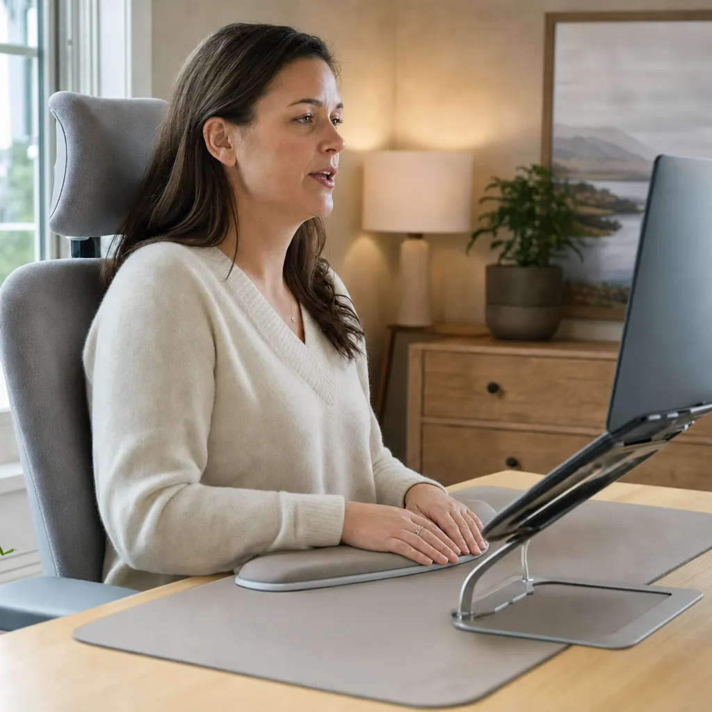 A woman speaks toward a raised laptop at a home desk, both hands resting on a padded wrist rest