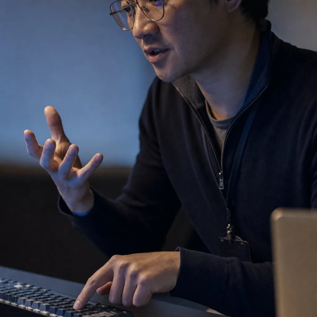 Person gesturing while using a keyboard at a dimly lit desk.