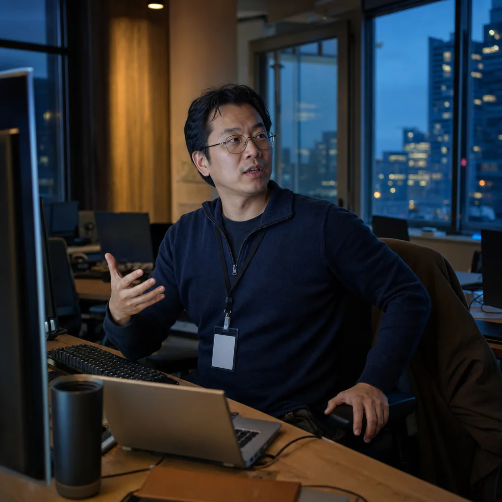 Person speaking at a workstation in an office at dusk.