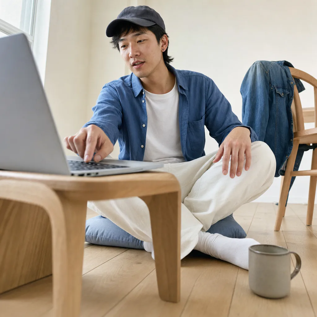 Person seated on the floor, reaching toward a laptop on a low table.