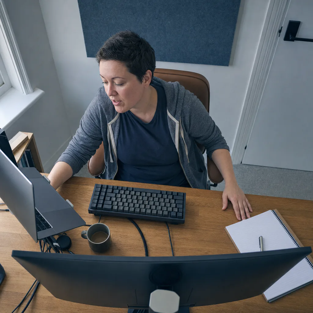 Person speaking at a home desk with a keyboard, laptop and monitor.