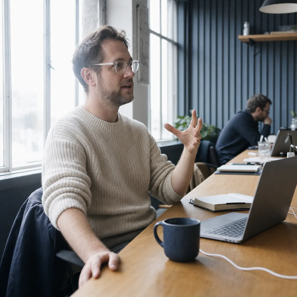 Person speaking beside an open laptop at a shared desk.