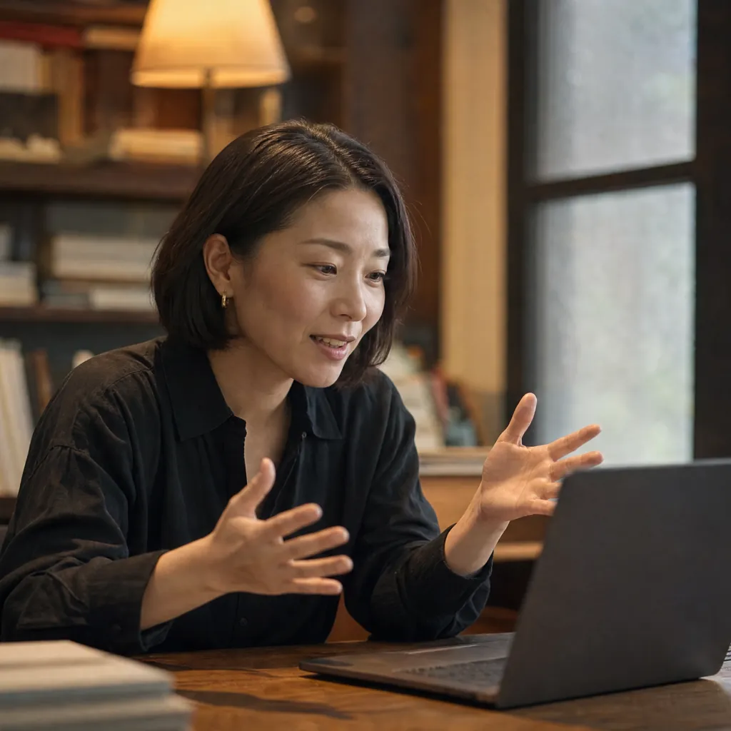 Woman with short dark hair speaking and gesturing with both hands toward a laptop at a wooden table.