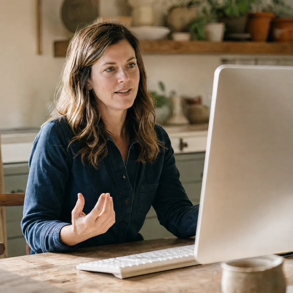 Woman in a blue shirt gesturing toward a desktop monitor at a wooden table with a keyboard and mug.