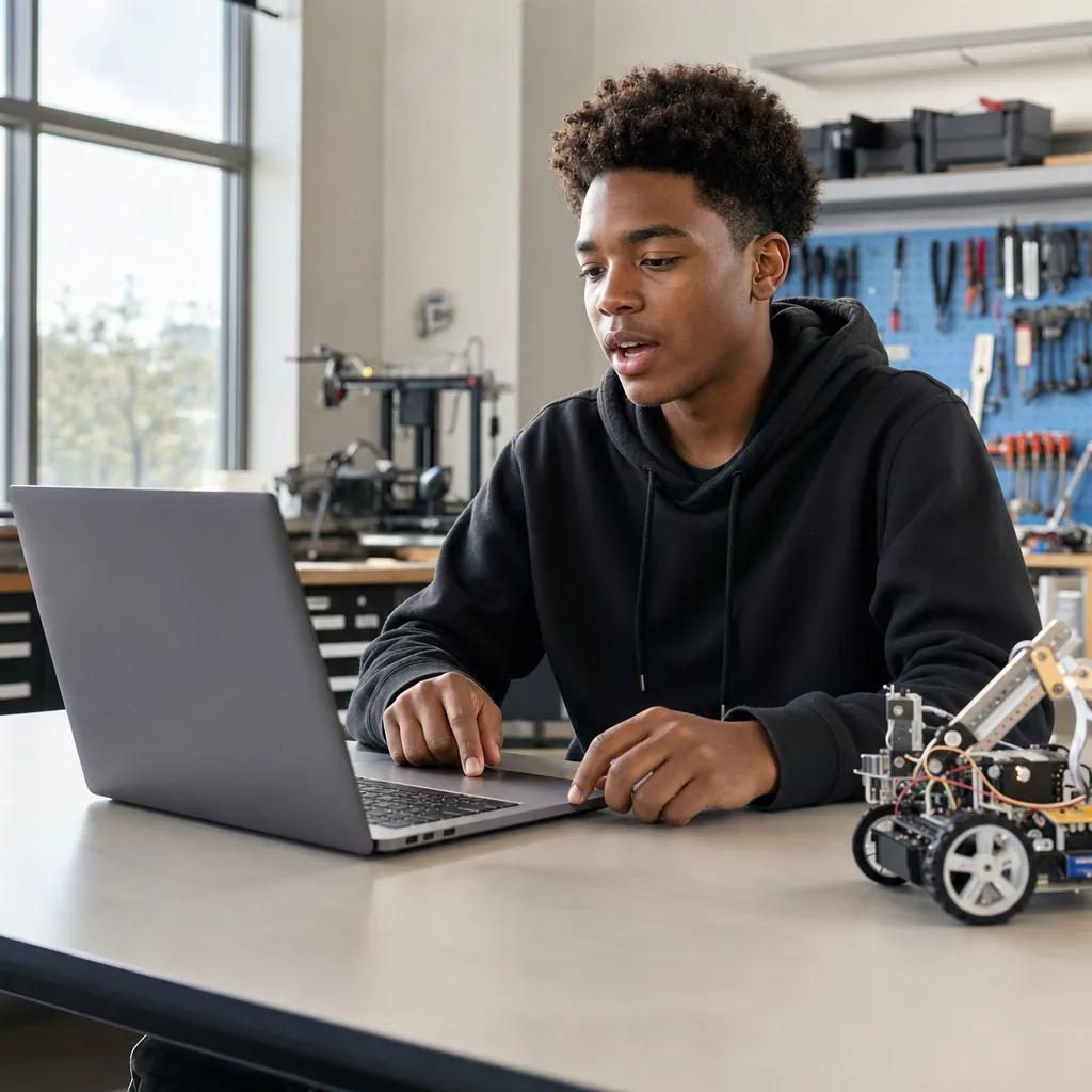 A teenager speaking at a laptop in a school workshop, with a robotics kit on the bench