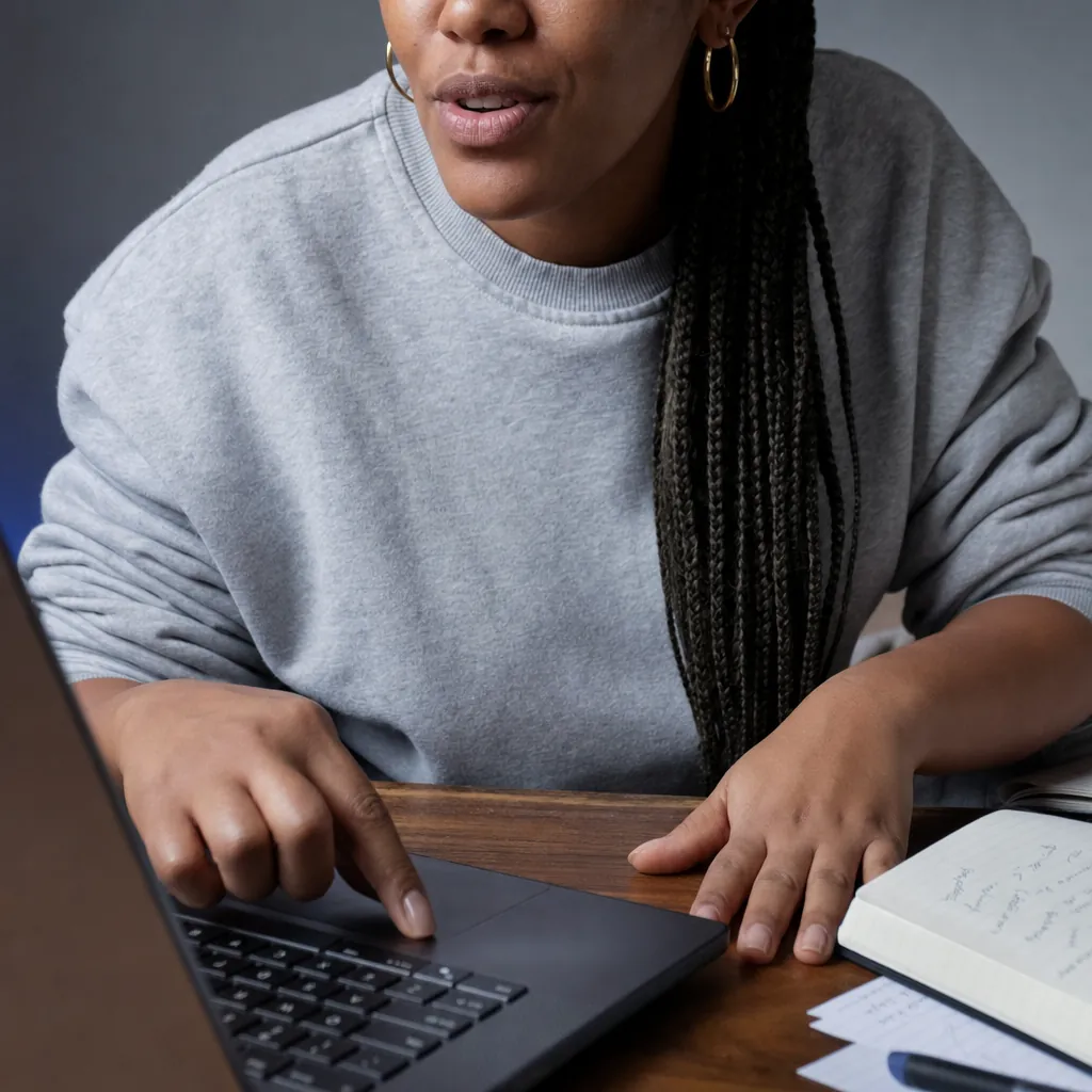 Woman pressing a laptop key at a wooden desk beside an open notebook.