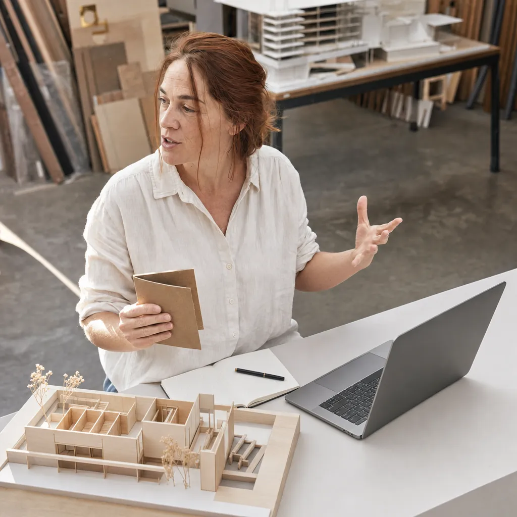 Woman gesturing beside a laptop and an architectural model at a studio desk.