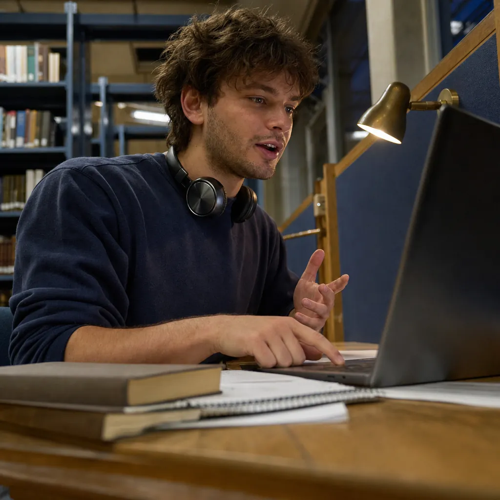 Man gesturing toward a laptop at a library desk with books and headphones.