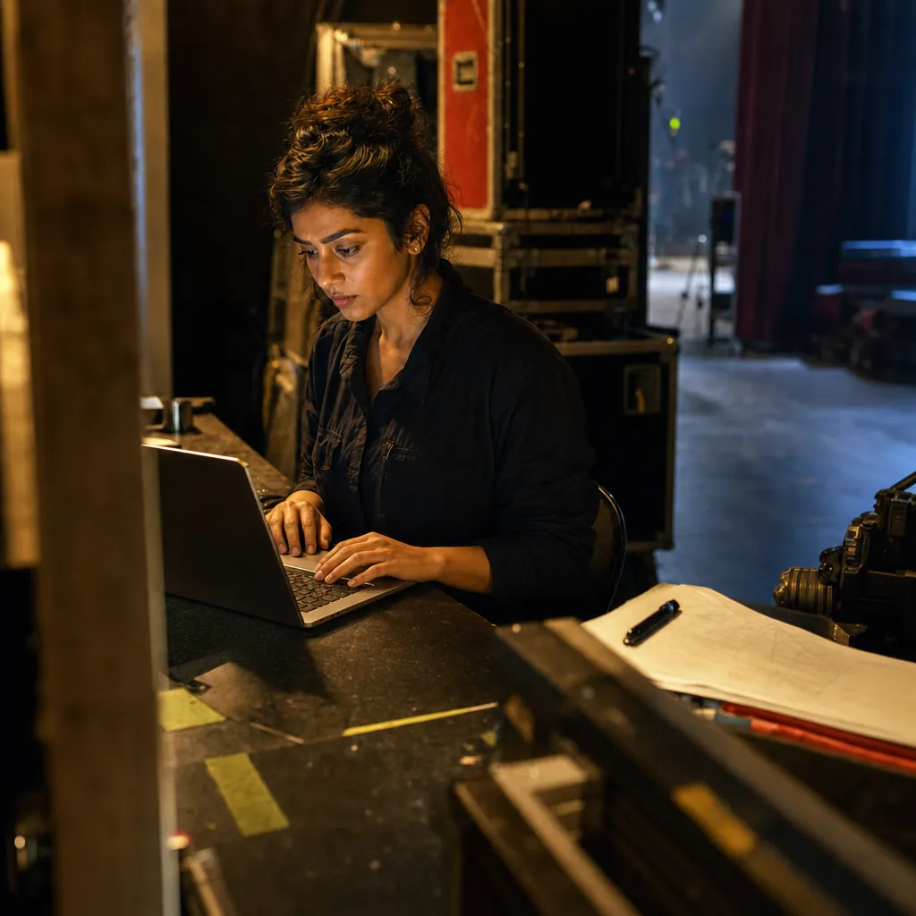 Woman using a laptop beside papers and equipment cases backstage.