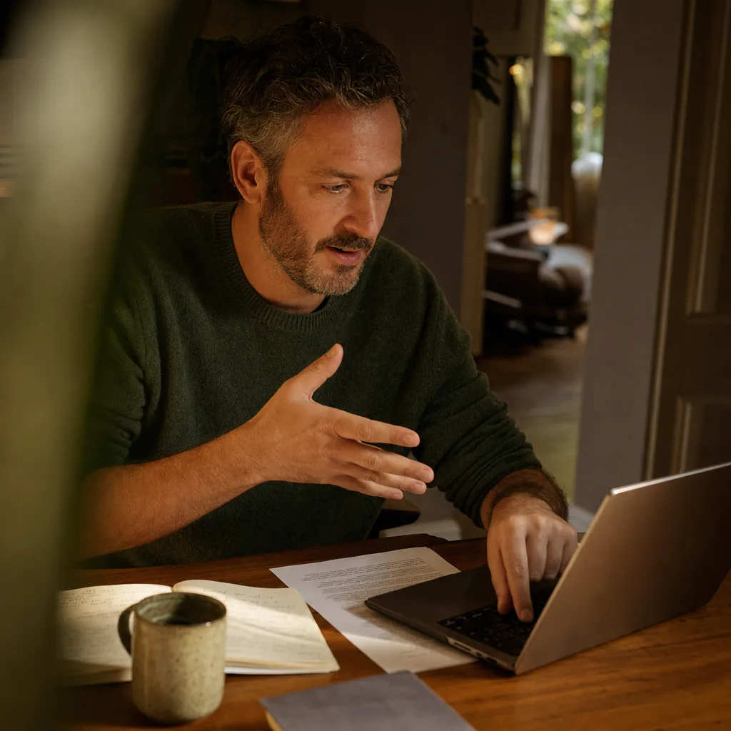 Man speaking and pointing toward a laptop at a table