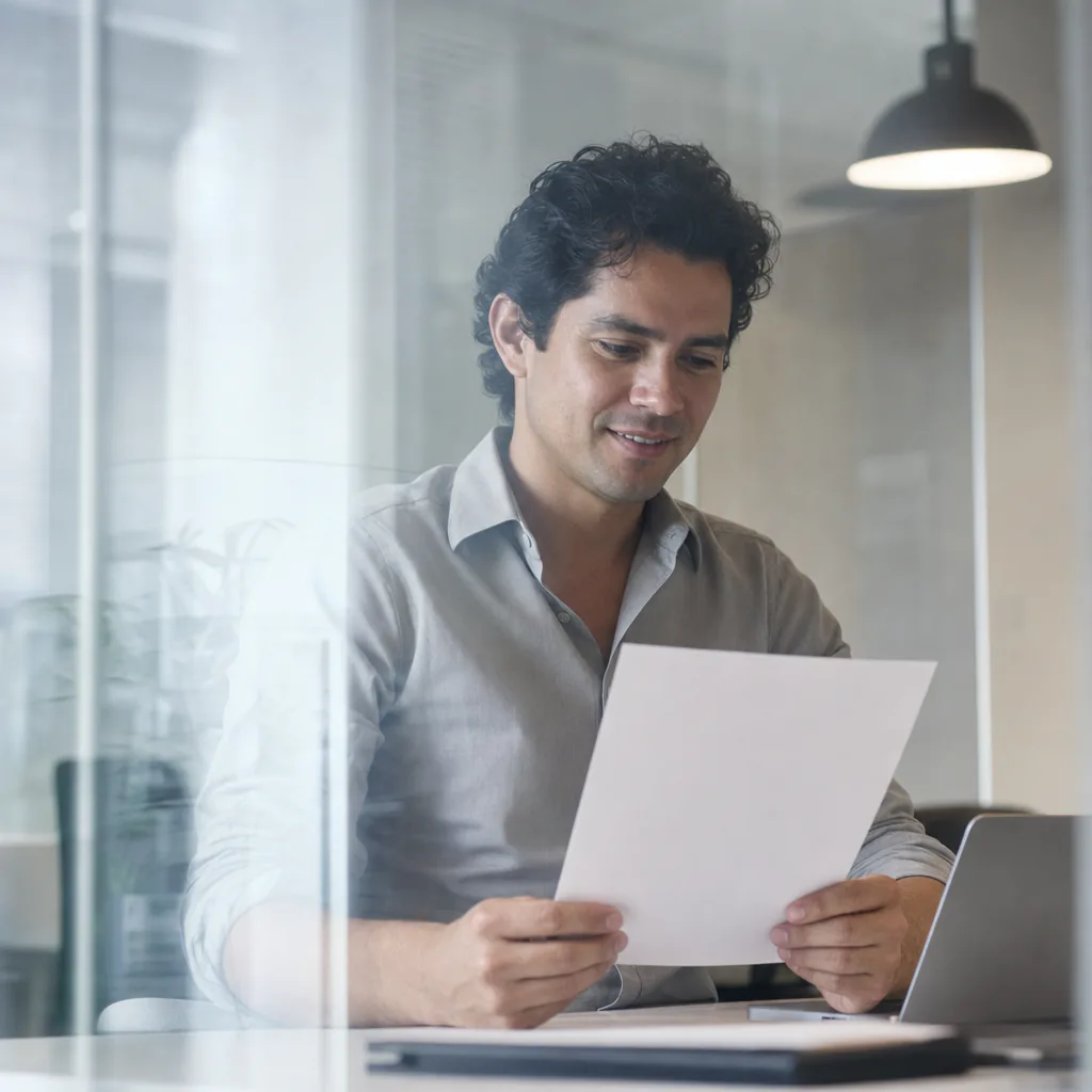 Man reviewing a printed document beside his laptop
