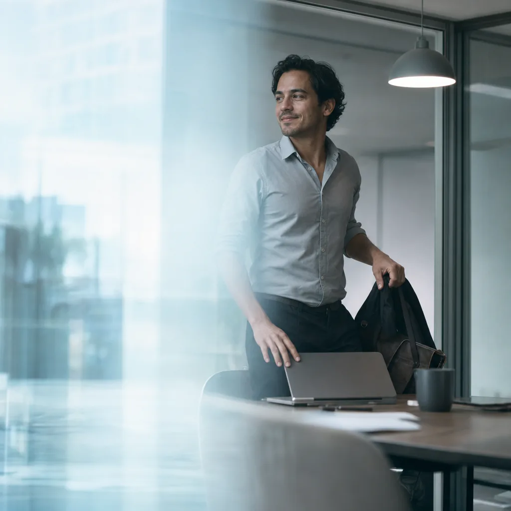 Man standing beside a laptop in a glass-walled office