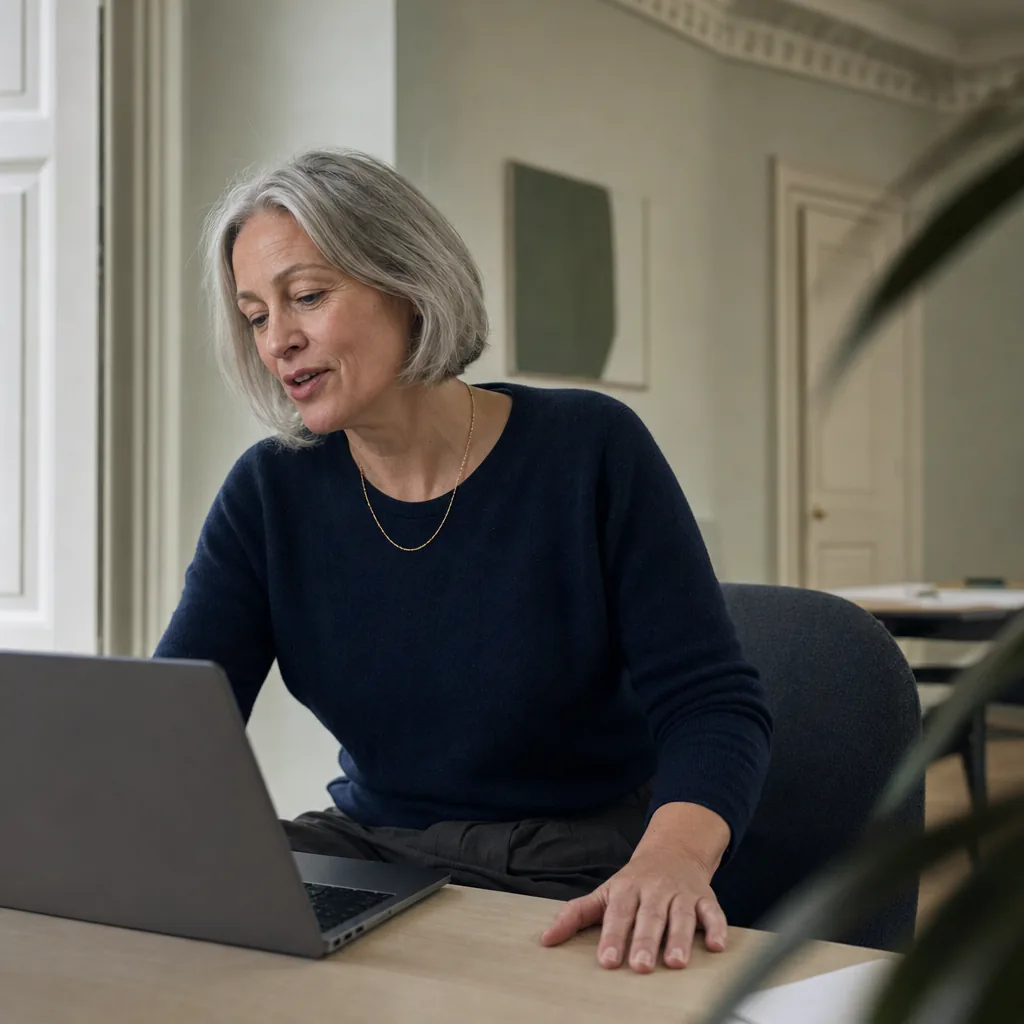 Woman speaking while using a laptop at a desk