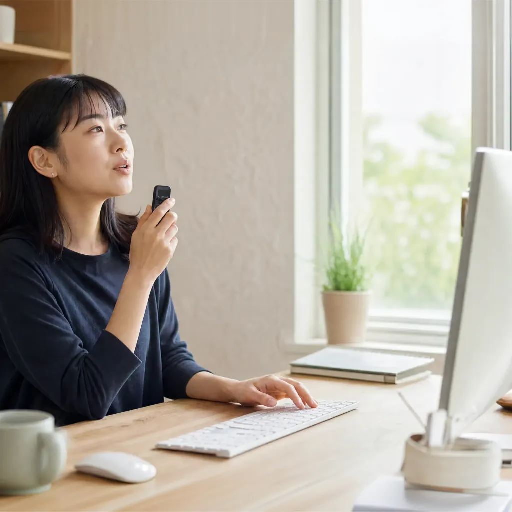 Woman holding a small black device near her mouth at a desktop computer beside a bright window