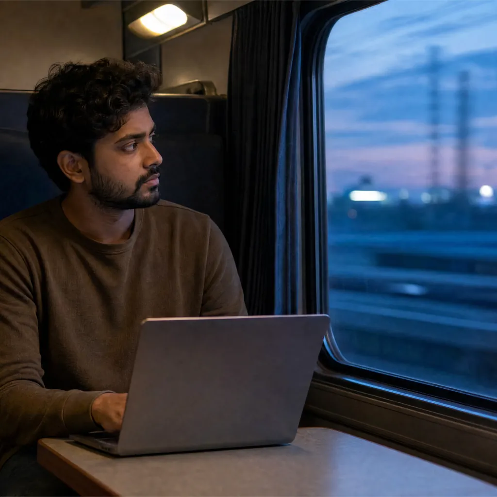 Man seated with a laptop at a table beside a train window