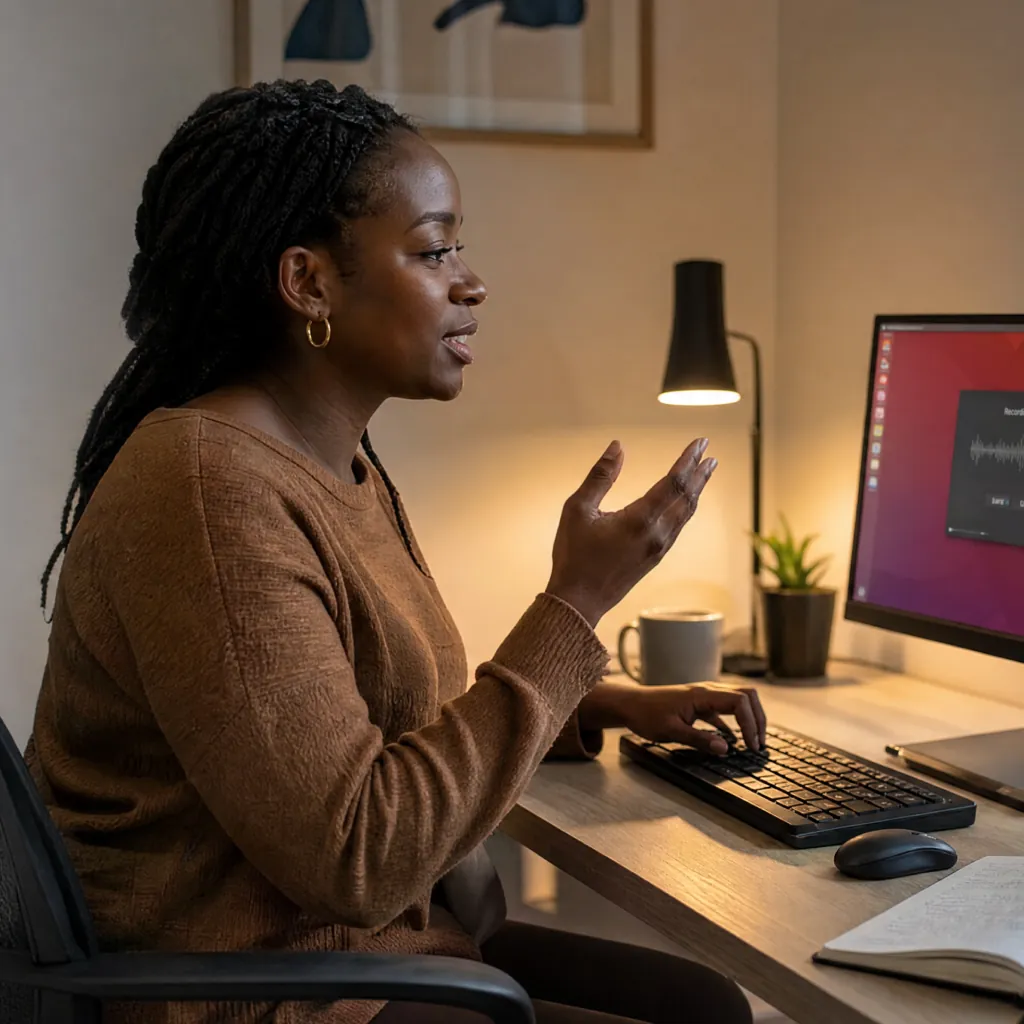 Woman speaking and gesturing at a desktop computer with a hand on the keyboard