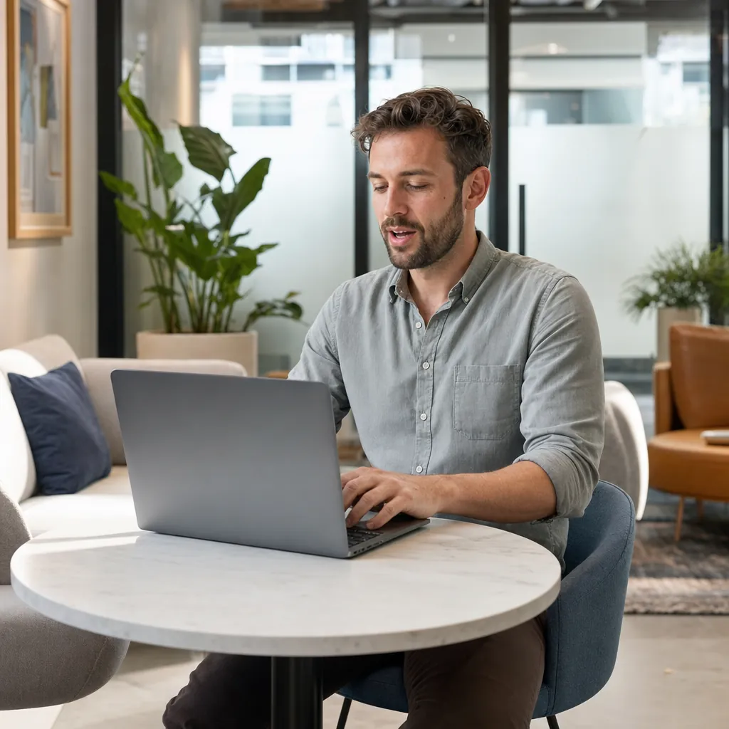 Person speaking while using a laptop at a round table in an office lounge