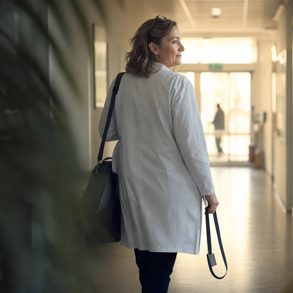 Clinician walking through a sunlit hospital corridor
