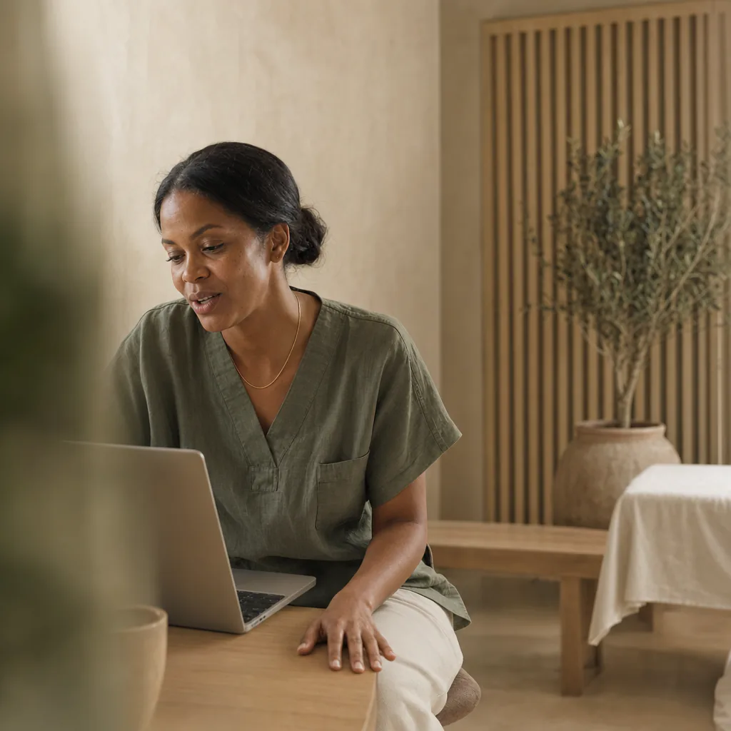 Clinician speaking beside a laptop in a medical practice