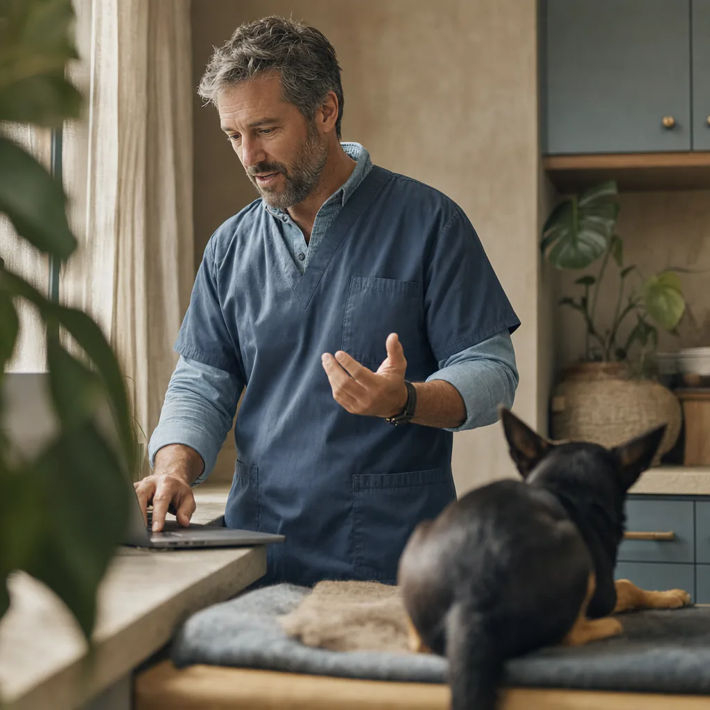 Veterinarian speaking beside a dog on an exam table and a laptop