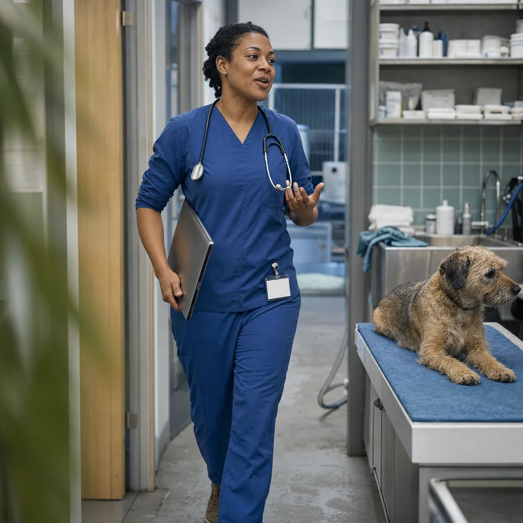 Veterinarian carrying a tablet past a dog in a treatment room