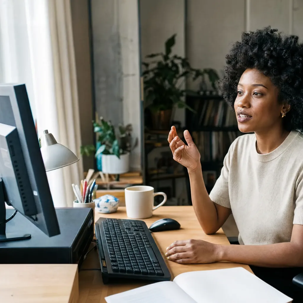 Woman gesturing toward a desktop monitor at a desk with an open notebook