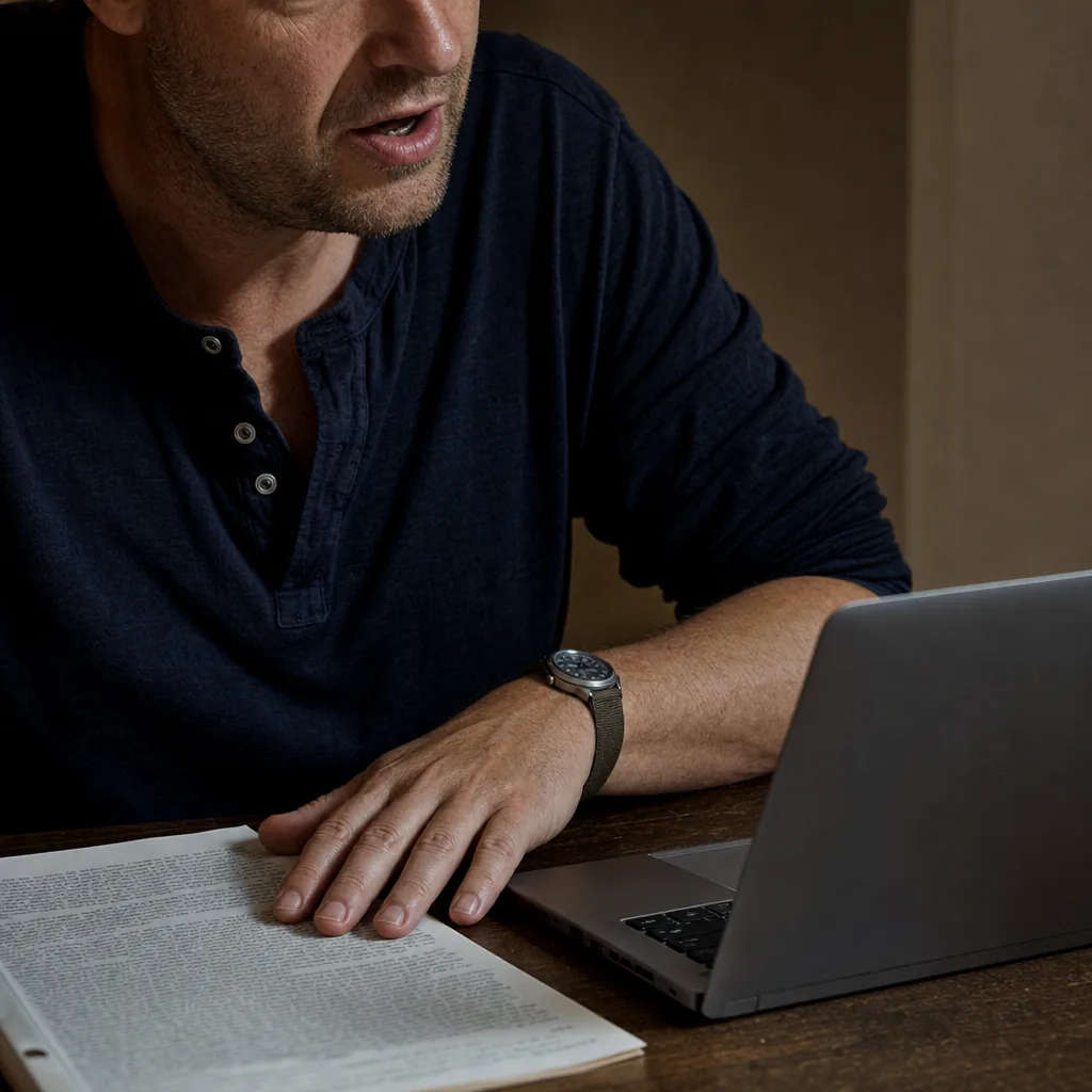 Person speaking beside a laptop and printed pages