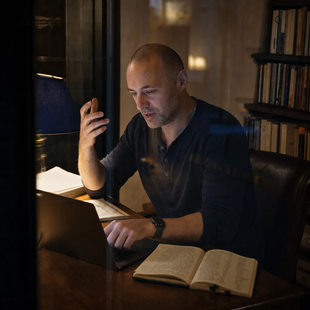 Person speaking at a laptop beside an open book