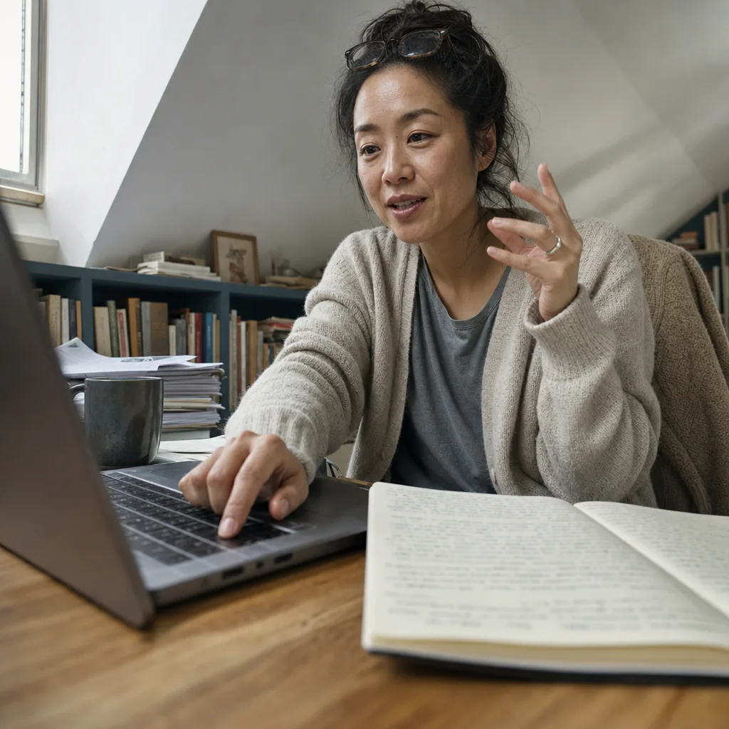 Person using a laptop beside an open notebook
