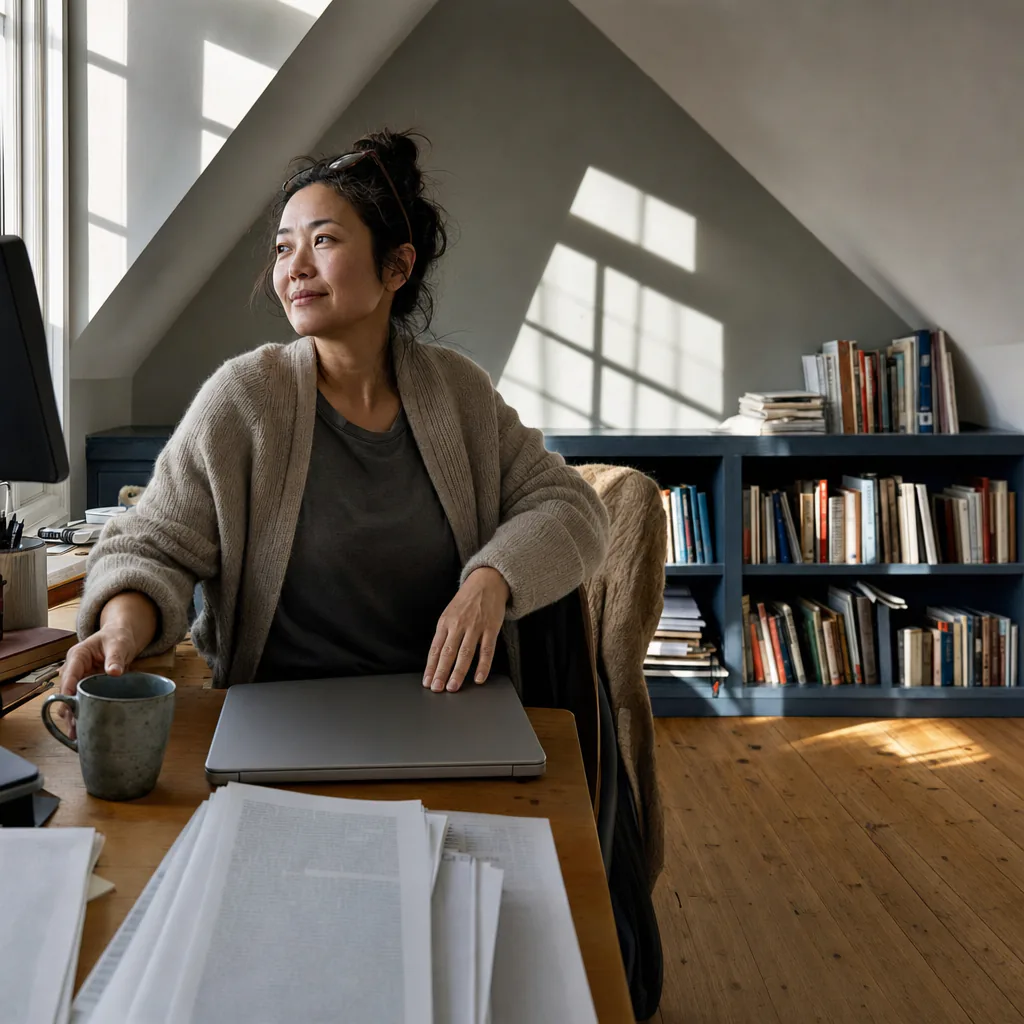 Person seated at a desk with a closed laptop and printed pages